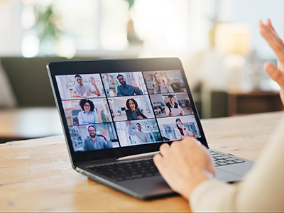 Video call, business people or hands greeting on laptop in virtual meeting for discussion on screen in home. Wave hello, online or person in webinar for teamwork, talking and speaking of remote work